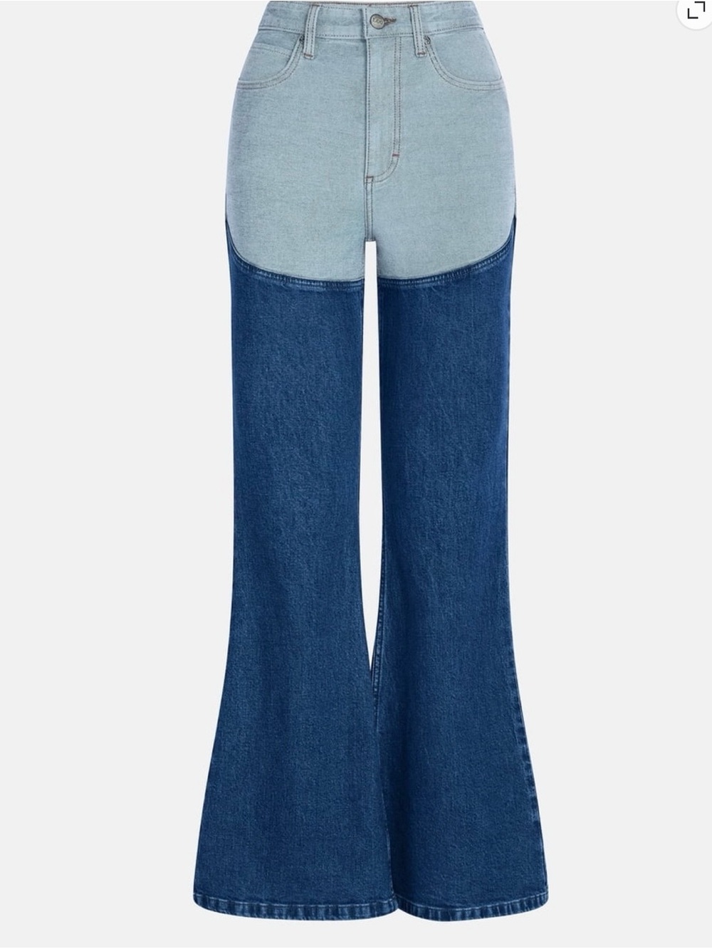 Lee High-Rise Flare Jeans Two Tone Denim Chaps 1970’s Hippie Cowgirl 6 NWT